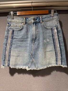 Free People Light Blue Embroidered Denim Mini Skirt